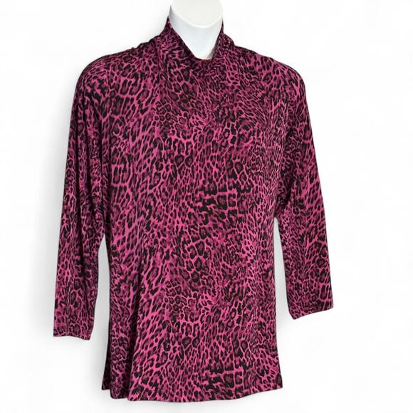 Susan Graver Liquid Knit Tunic Top 2X Berry Purple Black Animal Print Mock Neck - Picture 2 of 8